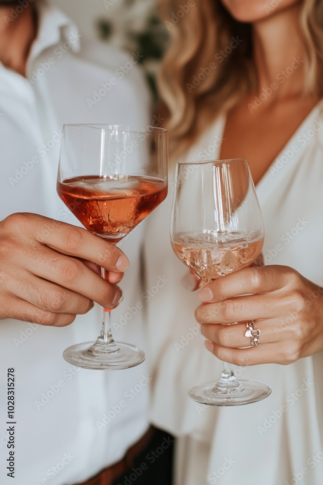 Couple toasting with rosé wine in relaxed elegant atmosphere Couple toasting with rosé wine in relaxed elegant atmosphere