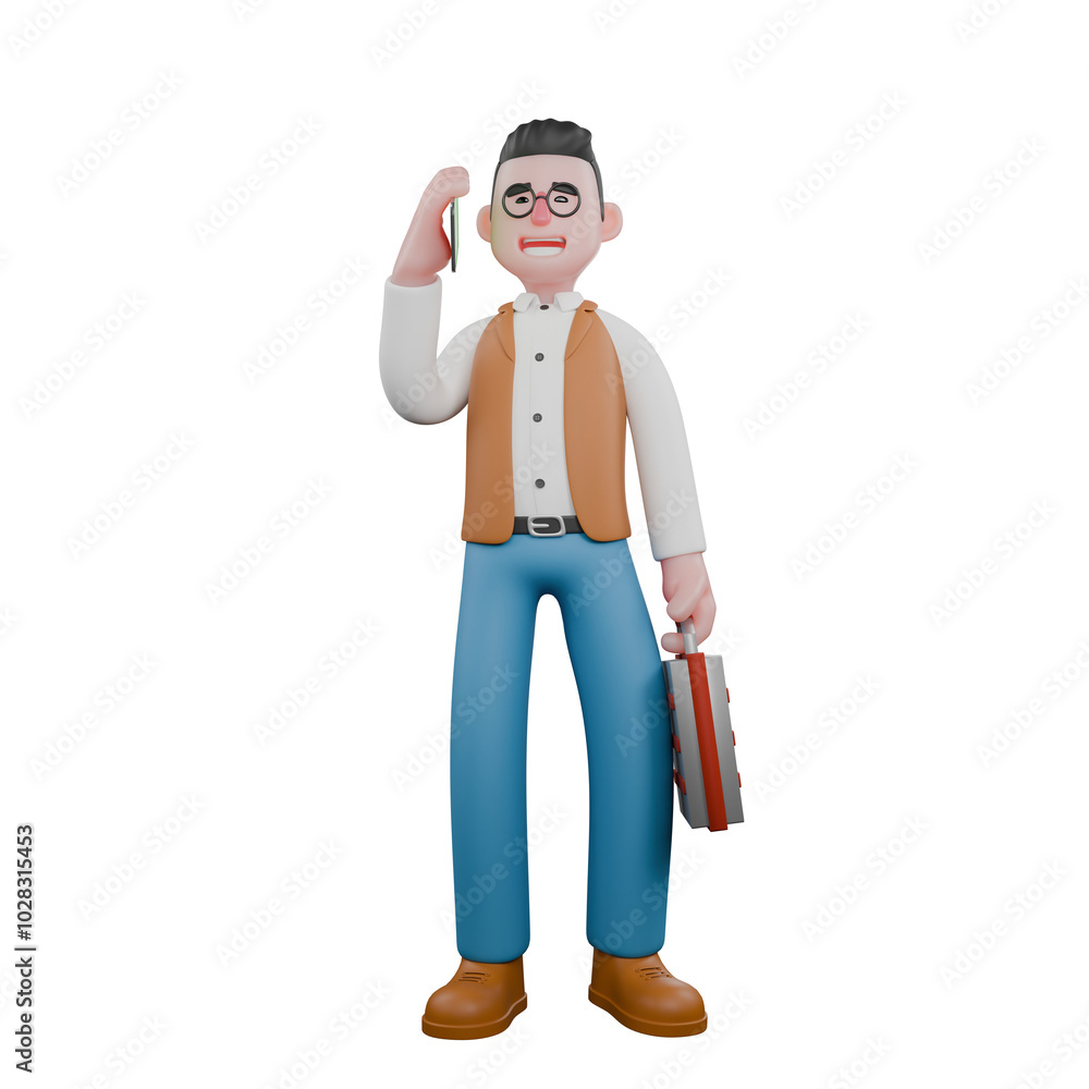 Male Anthropologist 3D Model. A male anthropologist is standing while answering an incoming call on his cellphone while carrying a work suitcase. Historical Societies Environment Male Anthropologist 3D Model. A male anthropologist is standing while answering an incoming call on his cellphone while carrying a work suitcase. Historical Societies Environment