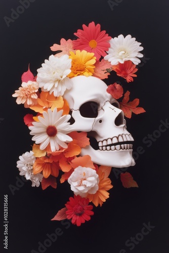 Human skull decorated with colorful flowers over black background photo