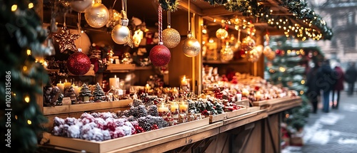 Festive market, decorated with lights