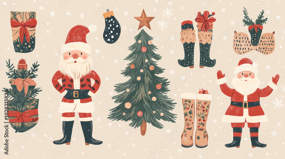 Fototapeta premium Wishing you a Merry Christmas and a Happy New Year! Vector illustrations featuring a nutcracker, Christmas tree, Santa Claus, felt boots, and festive decorations for use in backgrounds, postcards, pos