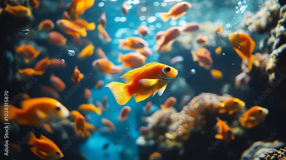 School of colorful tropical fish swimming through a vibrant coral reef clear blue water all around School of colorful tropical fish swimming through a vibrant coral reef clear blue water all around