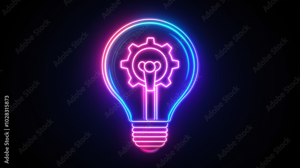 A lightbulb with a gear inside, drawn in a simple, outlined style. This icon represents creativity and problem-solving, with a retro, 80s cyberpunk feel. A lightbulb with a gear inside, drawn in a simple, outlined style. This icon represents creativity and problem-solving, with a retro, 80s cyberpunk feel.