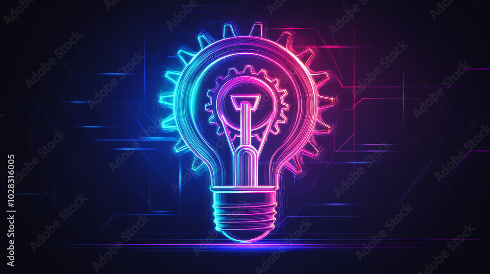 A lightbulb with a gear inside, drawn in a simple, outlined style. This icon represents creativity and problem-solving, with a retro, 80s cyberpunk feel. A lightbulb with a gear inside, drawn in a simple, outlined style. This icon represents creativity and problem-solving, with a retro, 80s cyberpunk feel.