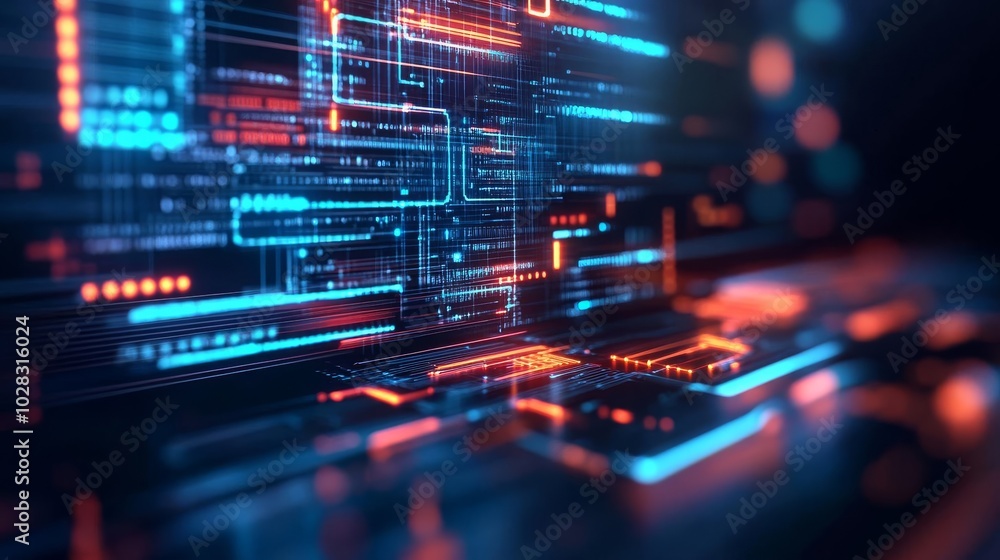 Fototapeta premium Futuristic blockchain visuals, glowing holographic elements, modern urban backdrop