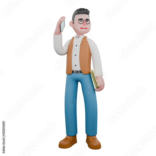 Human Behavior Expert in 3D. A male anthropologist is standing while answering an incoming call on his cellphone and carrying a clipboard. Cartoon Anthropologist