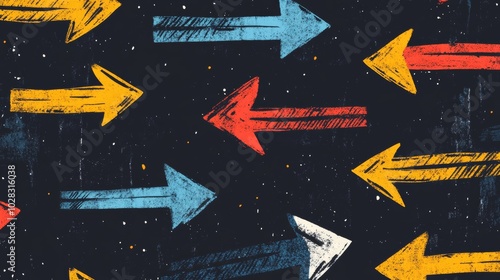 A colorful drawing of many arrows pointing in different directions