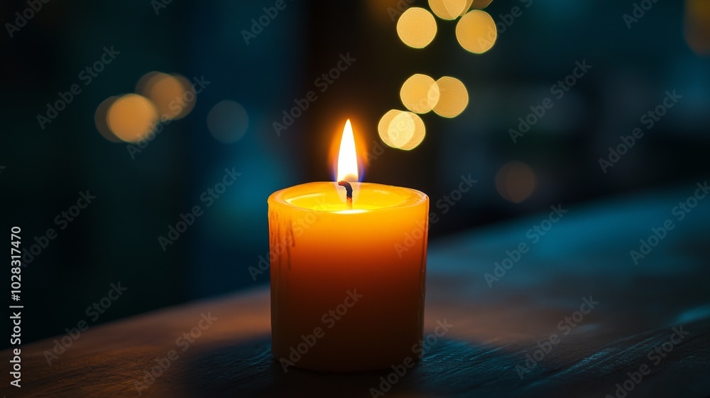 A candle is lit on a table in a dark room A candle is lit on a table in a dark room
