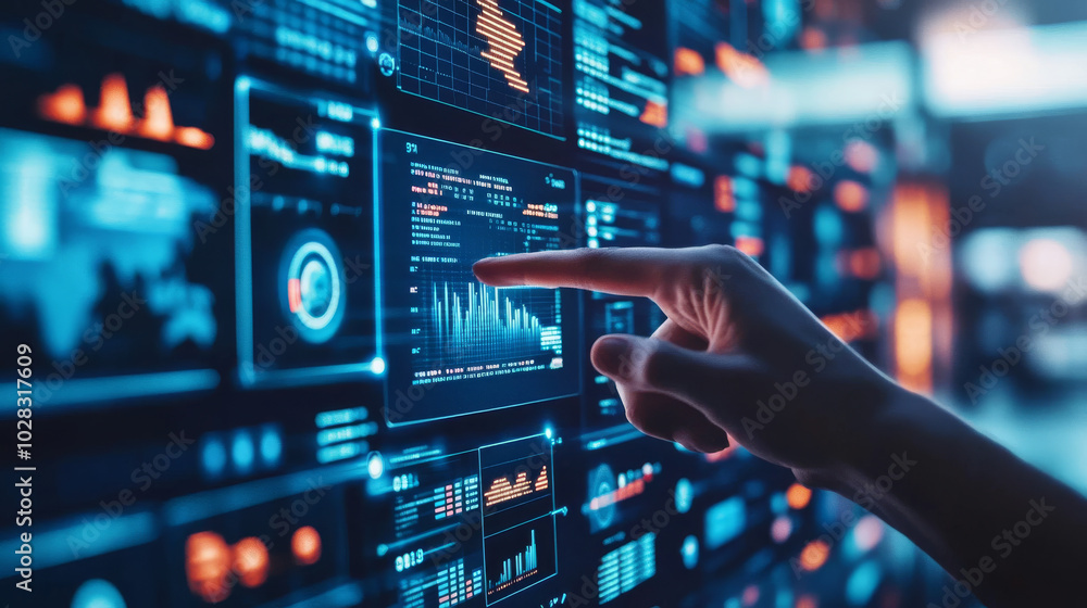 This futuristic design shows a digital interface with holograms, charts, and data. It represents innovation, communication, and progress. This futuristic design shows a digital interface with holograms, charts, and data. It represents innovation, communication, and progress.