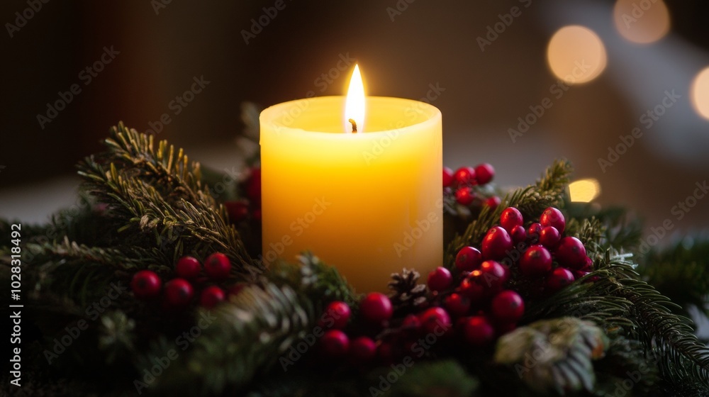 A candle is lit on a wreath of evergreen branches A candle is lit on a wreath of evergreen branches