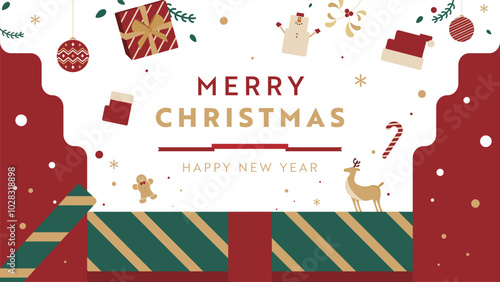 プレゼントボックス、雪だるま、サンタクロースで飾られたクリスマスの広告背景テンプレート（赤）　Christmas ad background template decorated with gift boxes, snowmen, and Santa Claus (red)