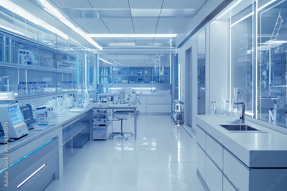 Modern laboratory highlights a sterile, technical workspace designed for scientific research. Modern laboratory highlights a sterile, technical workspace designed for scientific research.
