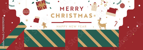 プレゼントボックス、雪だるま、サンタクロースで飾られたクリスマスの広告バナー背景テンプレート（赤）　Christmas ad banner background template decorated with gift boxes, snowmen, and Santa Claus (red)