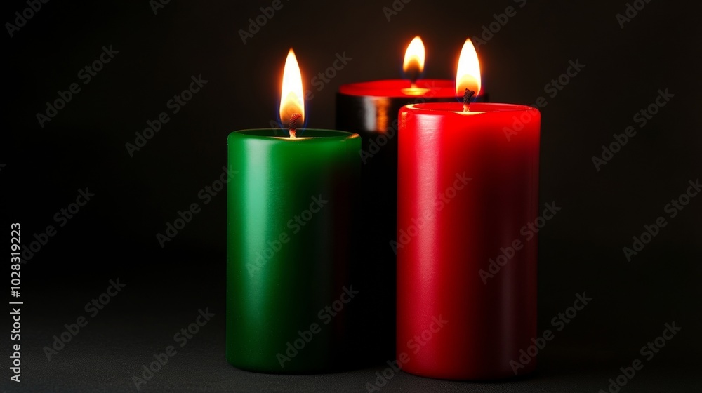 Three candles are lit and placed on a black surface Three candles are lit and placed on a black surface