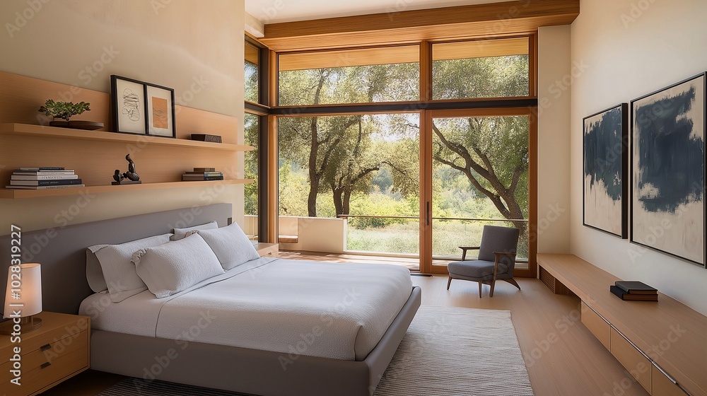 Serene Modern Bedroom with Natural Light and Scenic View Serene Modern Bedroom with Natural Light and Scenic View