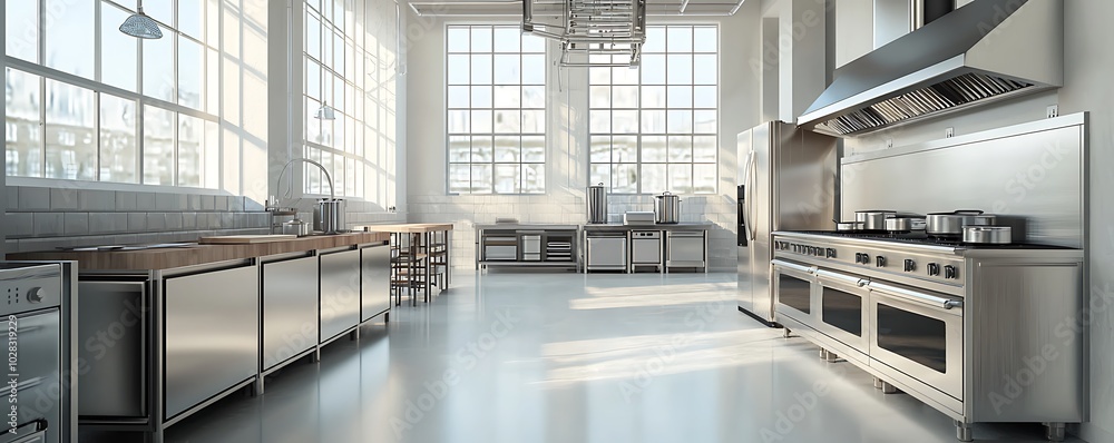 Obraz premium Modern stainless steel appliances fill a large, empty kitchen with a minimalist vibe.