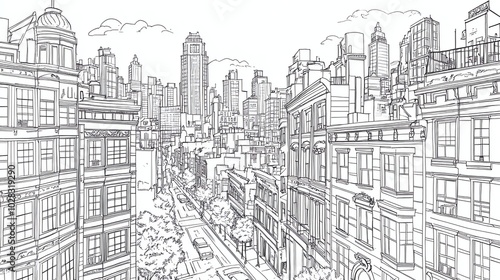 Hand drawn illustration of a city skyline with buildings and a street.