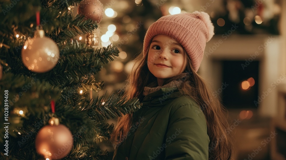 Girl in green parka and pink beanie beside decorated Christmas tree in cozy setting Girl in green parka and pink beanie beside decorated Christmas tree in cozy setting