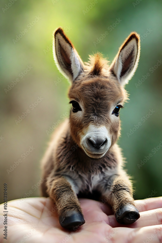 Fototapeta premium Cute little donkey in the hands of a child on nature background