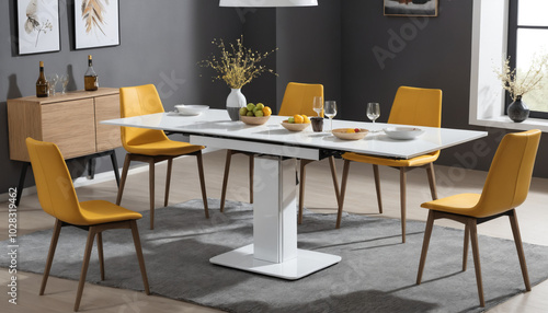 Space-saving dining table with foldable extensions and adjustable height