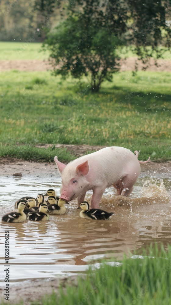 Pig Interacting with Ducklings in a Farm Puddle Pig Interacting with Ducklings in a Farm Puddle