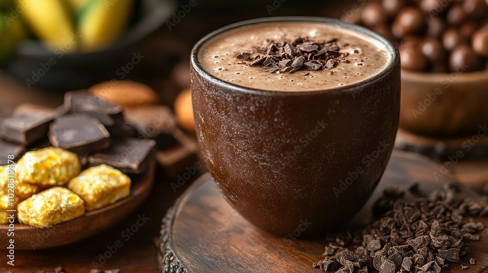 Chocolate Smoothie in a Brown Mug with Chocolate Pieces on Top Chocolate Smoothie in a Brown Mug with Chocolate Pieces on Top