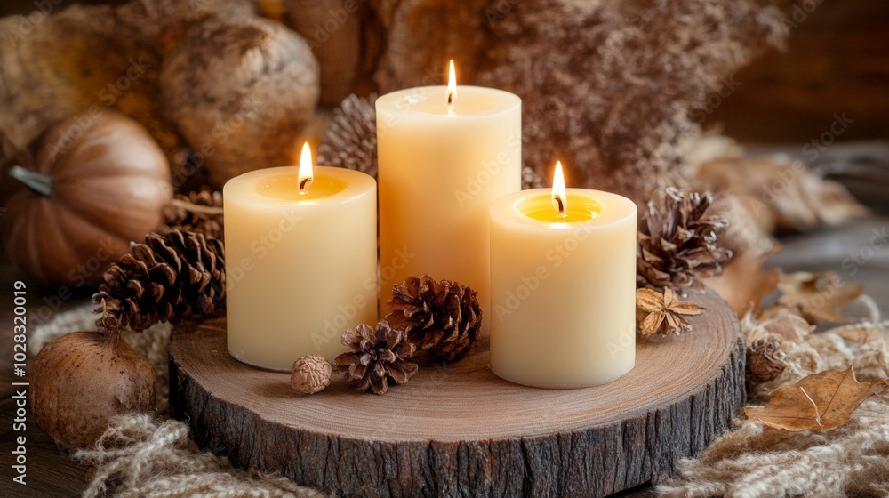 Three candles are lit on a wooden table with pine cones and pumpkins Three candles are lit on a wooden table with pine cones and pumpkins