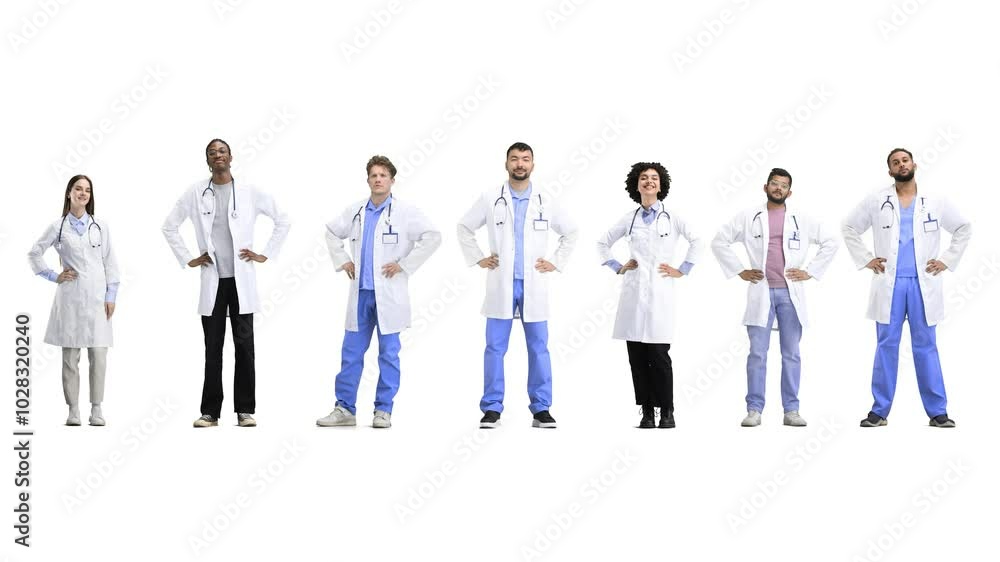 A group of doctors, full-length, on a white background, hands on the belt