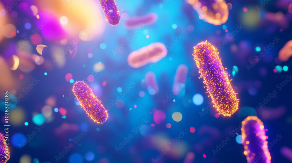 A colorful image shows tiny, rod-shaped bacteria made of glowing lights. The blue background represents the important world of microbes inside our bodies. A colorful image shows tiny, rod-shaped bacteria made of glowing lights. The blue background represents the important world of microbes inside our bodies.