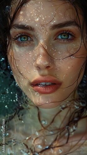 Close-up Portrait of a Woman with Water Drops on Her Face