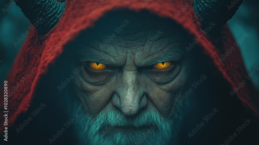 Scary elderly man with yellow eyes and horns in red hood, mystical and threatening aura Scary elderly man with yellow eyes and horns in red hood, mystical and threatening aura