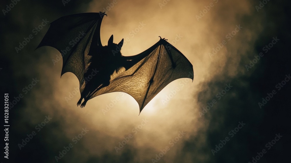 A bat is flying in the sky with a cloudy background A bat is flying in the sky with a cloudy background