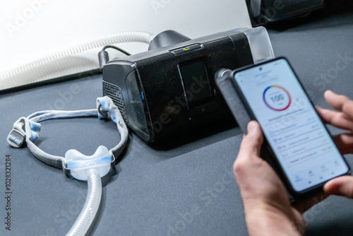 Male European with cpap machine checking therapy analysis via smartphone app or medical app for e-health check and health report via mobile device for health analysis innovative sleep apnea mask apps
