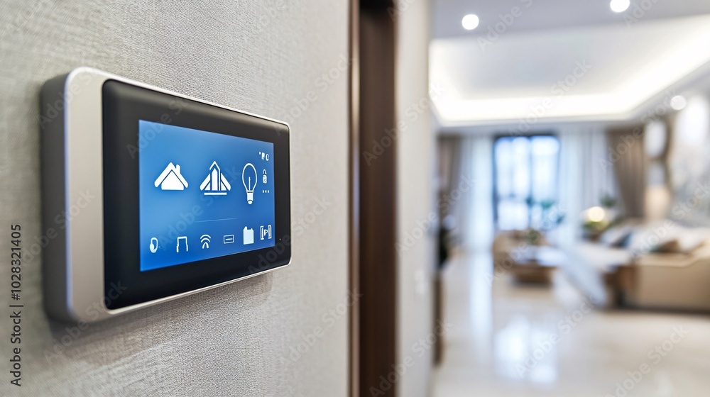 Modern Home Automation System With Touchscreen Interface in Living Room Modern Home Automation System With Touchscreen Interface in Living Room