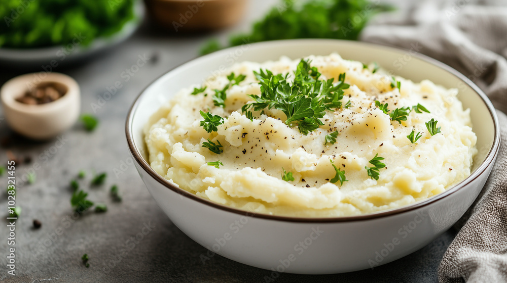 Smooth mashed potatoes topped with parsley in a white bowl Smooth mashed potatoes topped with parsley in a white bowl