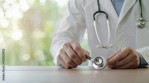 Male doctor checking patient s heart rate with stethoscope, health monitoring brochure photo