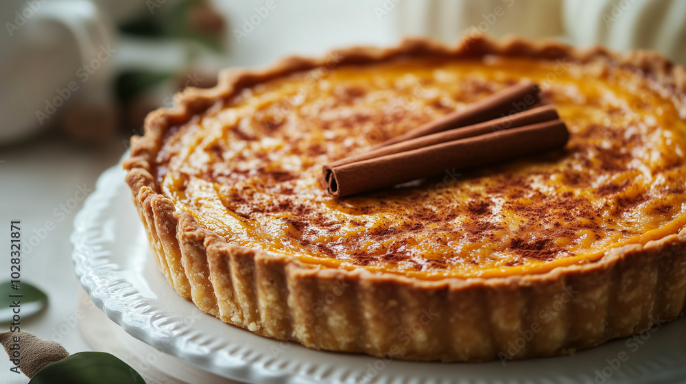 Pumpkin tart with cinnamon and spices on white plate for food photography Pumpkin tart with cinnamon and spices on white plate for food photography