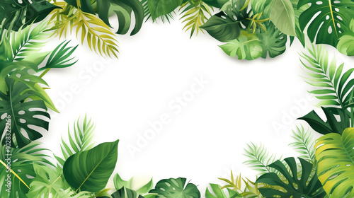  Watercolor decorative frame. Abstract background. Invitation, advertisement, a serene tropical background with lush green leaves of various shapes and sizes framing a soft watercolor like white space