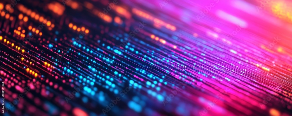 Fototapeta premium Blockchain disruption, holographic display, vibrant neon, cyber tech elements