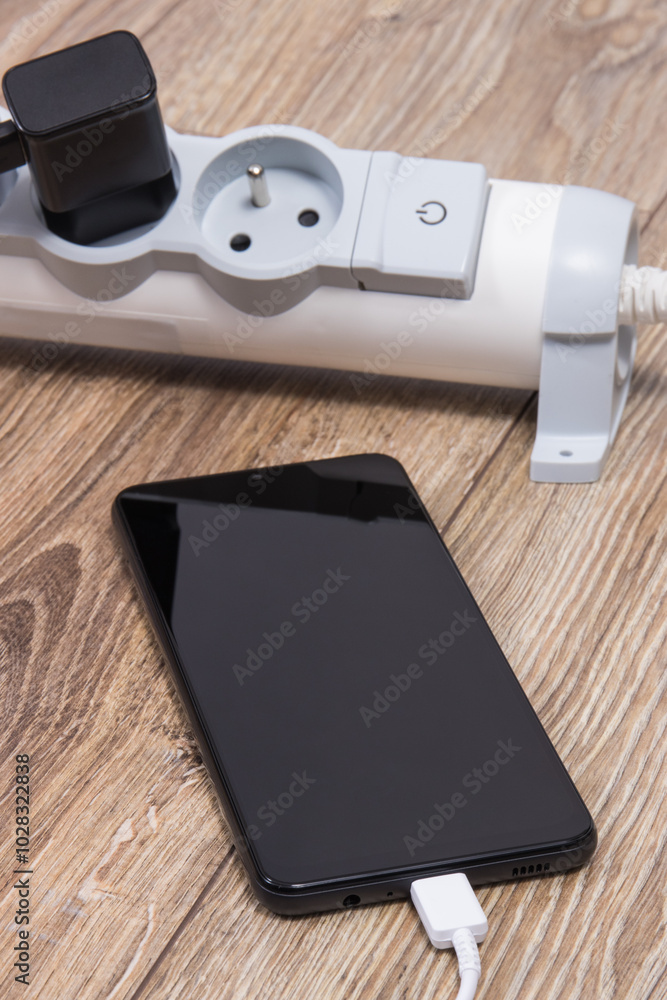 Smartphone and chargers connected to electrical power strip. Various devices charging concept Smartphone and chargers connected to electrical power strip. Various devices charging concept