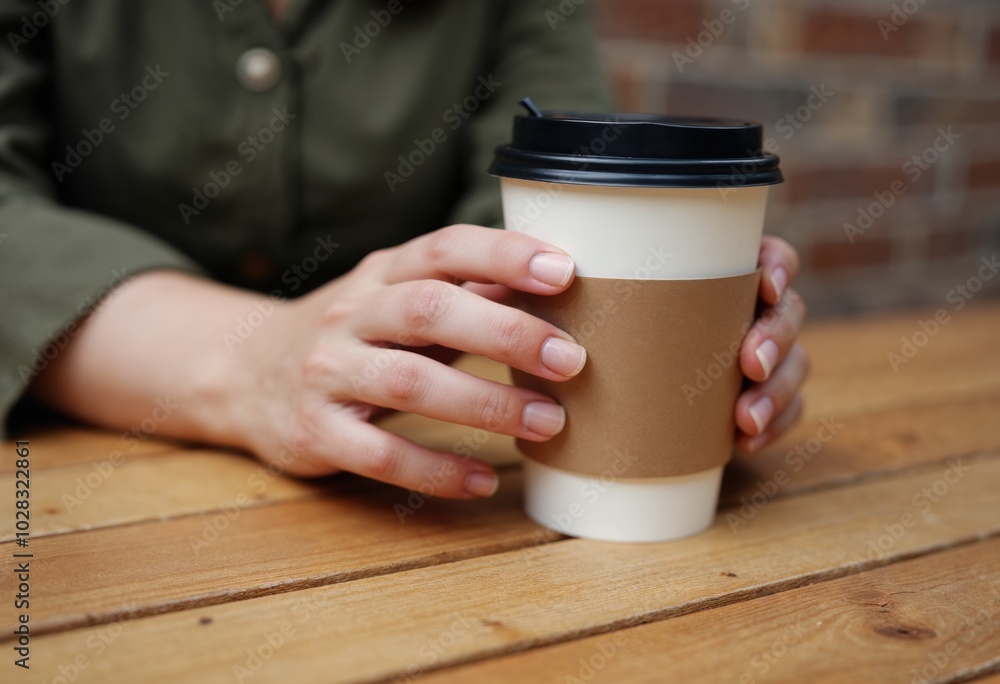 Woman holding a takeaway coffee cup at a table in a casual setting.
Woman holding a takeaway coffee cup at a table in a casual setting.