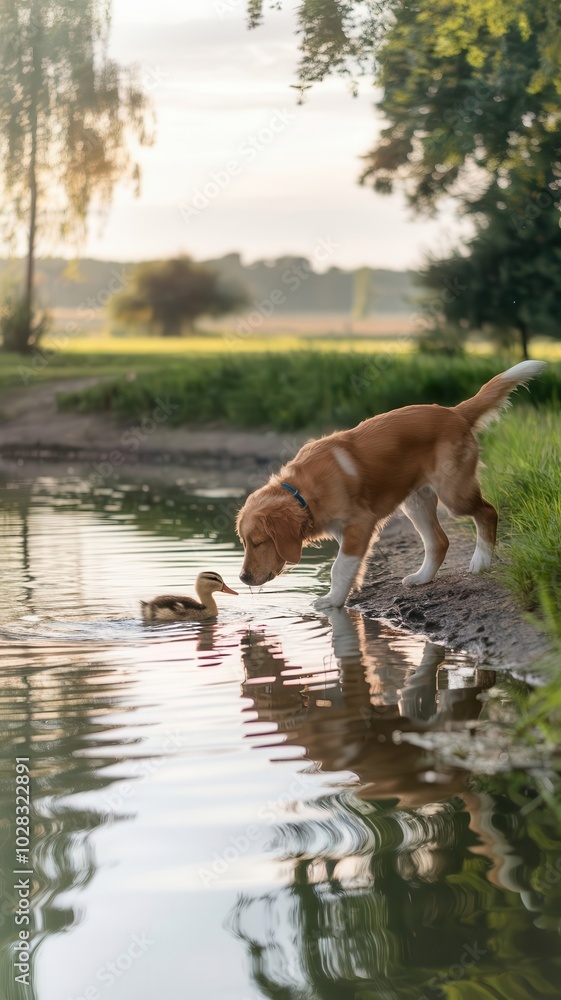 Fototapeta premium Dog and Person Observing Duckling by Water