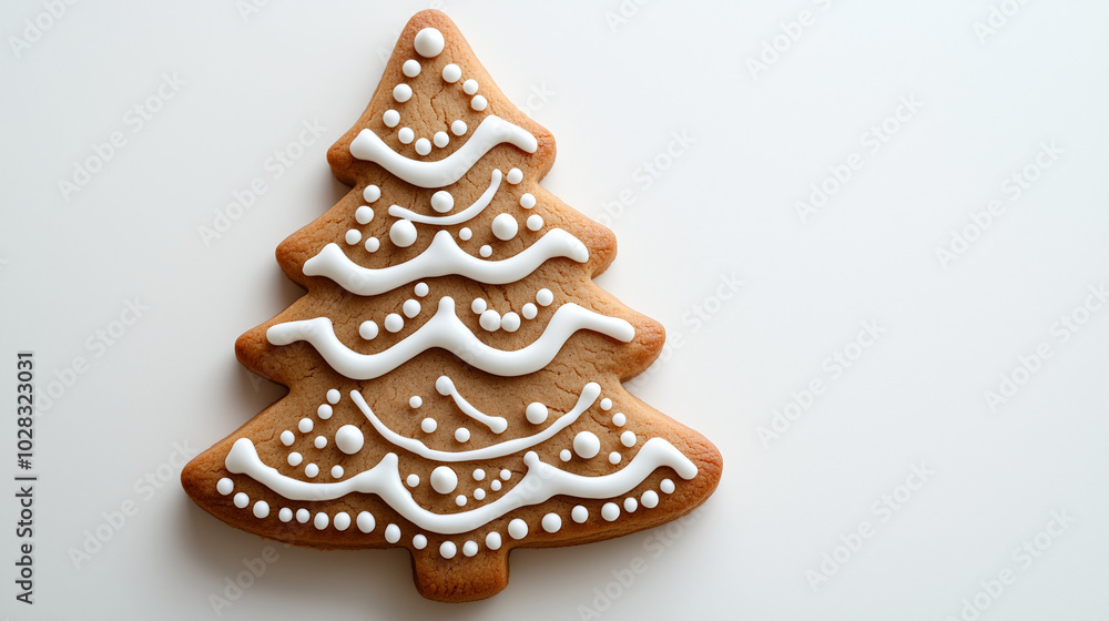 Gingerbread cookie shaped like Christmas tree with icing on white background for food photography Gingerbread cookie shaped like Christmas tree with icing on white background for food photography