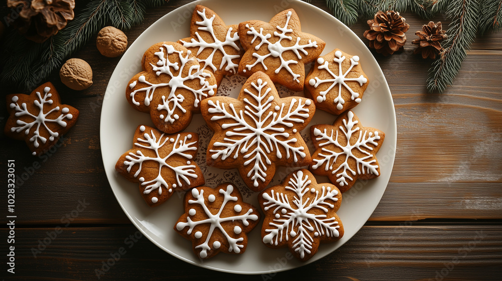 Plate of gingerbread cookies shaped like snowflakes and holiday decorations with icing on rustic wooden table for food photography Plate of gingerbread cookies shaped like snowflakes and holiday decorations with icing on rustic wooden table for food photography