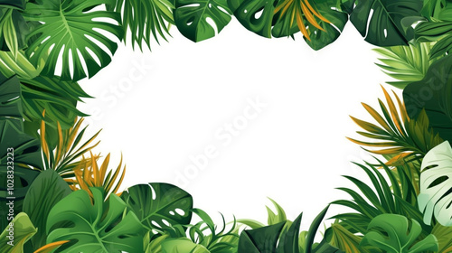 Tropical Rainforest - Lush Greenery with Sunbeams Top view exotic tropical leaves on a white background