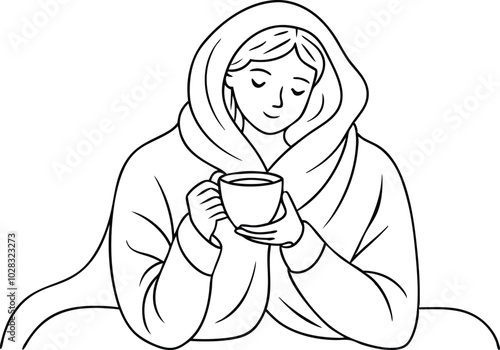 Cozy Woman Wrapped in Blanket, Sipping Coffee Continuous Line Art Illustration on white background.