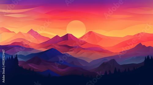 A majestic mountain range silhouetted against a vivid sunset sky, with colors transitioning from orange to purple.