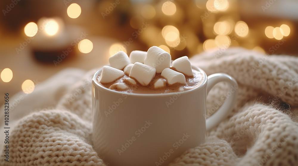 Cup of hot chocolate topped with marshmallows on cozy blanket with bokeh background for food photography Cup of hot chocolate topped with marshmallows on cozy blanket with bokeh background for food photography