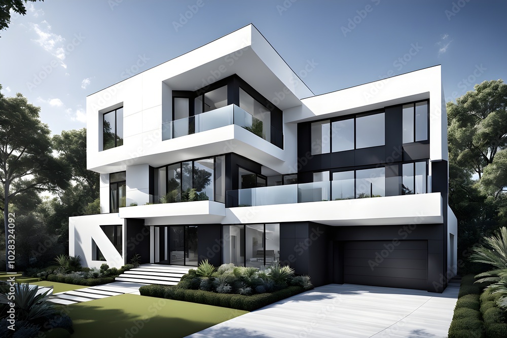 modern real estate residential house using clean lines and geometric forms in a monochromatic color palette of grey, black, and white modern real estate residential house using clean lines and geometric forms in a monochromatic color palette of grey, black, and white