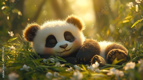 Baby panda playing a bamboo forest rolling in the grass with soft sunlight breaking through the trees photo